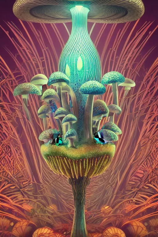 Image similar to anthropomorphic mushroom carnival attractions portrait, Art Deco nature, fantasy, intricate art deco mushroom designs, elegant, highly detailed fractals, sharp focus, fractal big top, art by Artgerm and beeple and Greg Rutkowski and WLOP