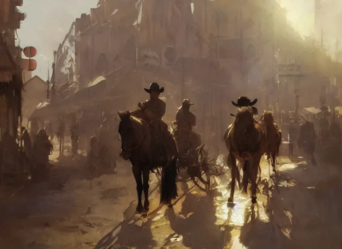 Prompt: oil painting of old rugged cowboy in wild west street setting, art by anders zorn, wonderful masterpiece by greg rutkowski, beautiful cinematic light, american romanticism by greg manchess, reflections in copper, sunlight, dust and steam
