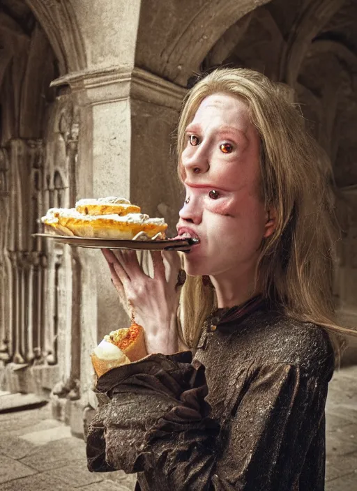 Image similar to closeup portrait of a medieval goblin eating cakes in the cloisters, depth of field, zeiss lens, detailed, symmetrical, centered, fashion photoshoot, by Annie Leibovitz and Steve McCurry, David Lazar, Jimmy Nelsson, Breathtaking, 8k resolution, extremely detailed, beautiful, establishing shot, artistic, hyperrealistic, beautiful face, octane render