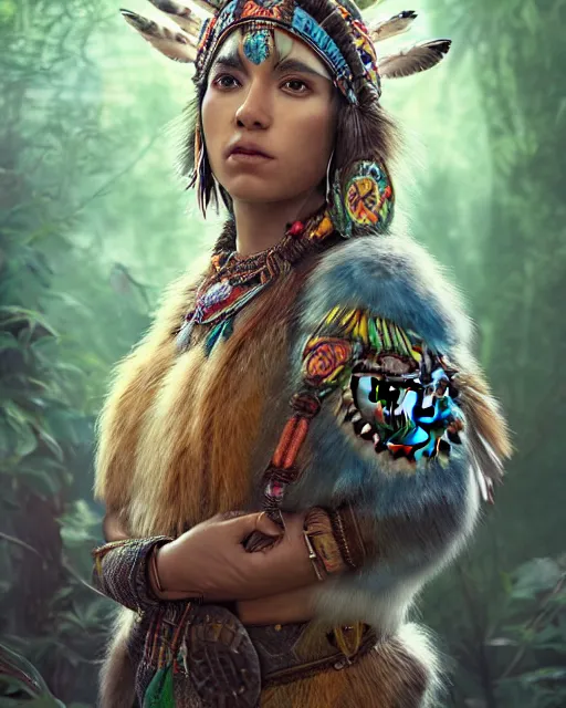 Prompt: Beautiful art portrait of a fantasy magic native american female owl shaman in a bright temple surrounded by lush forest, atmospheric lighting, intricate detail, cgsociety, hyperrealistic, octane render, RPG portrait, ambient light, dynamic lighting,