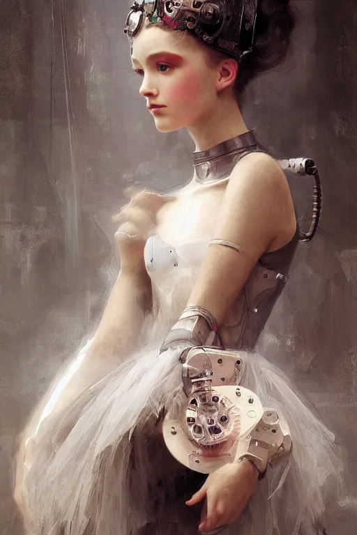 Image similar to sitting beautiful painting of a crowned robotic cyberpunk ballerina in a gothic dark flowing tutu intricate, elegant, highly detailed, digital painting, artstation, concept art, by krenz cushart and artem demura and william adolph bouguereau