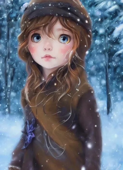 Prompt: A cute little girl with shoulder length curly brown hair and blue eyes in a snowy forest trying to catch snowflakes. beautiful fantasy art by By Artgerm and Hayao Miyazaki, trending on artstation.