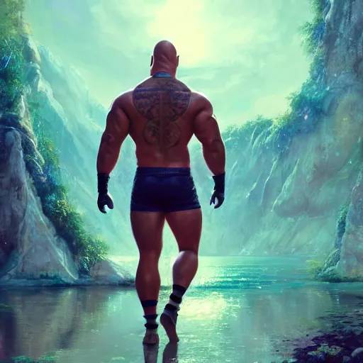 Image similar to dwayne johnson as a beautiful young girl in seductive clothing by ross tran, walking in a castle painted by sana takeda, rtx reflections, very high intricate details, painting, digital anime art, medium shot, mid - shot, composition by ilya kuvshinov, lighting by greg rutkowski
