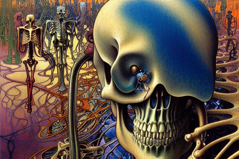 Image similar to realistic detailed closeup portrait painting of a single skeleton in a crowded futuristic street by Jean Delville, Amano, Yves Tanguy, Alphonse Mucha, Ernst Haeckel, Edward Robert Hughes, Roger Dean, rich moody colours, blue eyes