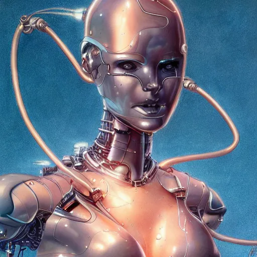 Prompt: fully body, stunningly beautiful woman cyborg robot in metal cable and wire by sorayama , highly detailed, digital painting, artstation, concept art, sharp focus, illustration, art by artgerm and greg rutkowski and art nouveau mucha