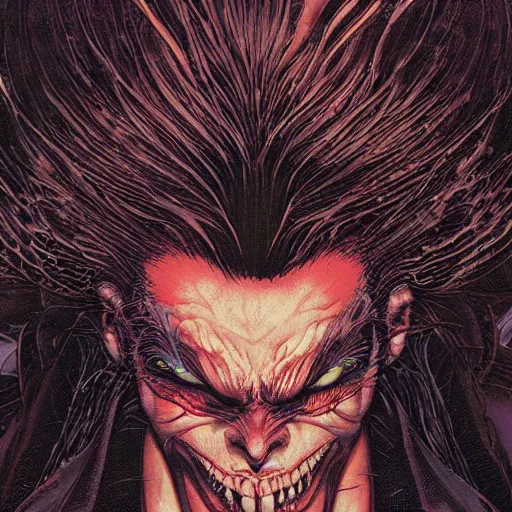 Prompt: closeup of face melting, vampire, by yoichi hatakenaka, masamune shirow, josan gonzales and dan mumford, ayami kojima, takato yamamoto, barclay shaw, karol bak