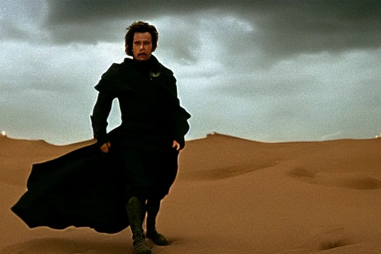 Image similar to a cinematic wide angle shot of a man in his early twenties, in the movie dune, stormy weather, dry, film still, cinematic, dramatic lighting, by zack snyder