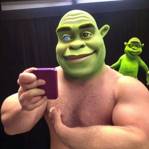 Prompt: shrek take a selfie, he is flexing about his new watch
