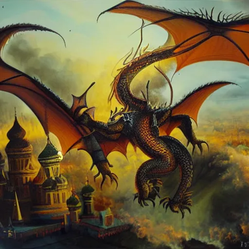 Prompt: very beautiful oil painting of Dragon invasion of Moscow, n-8