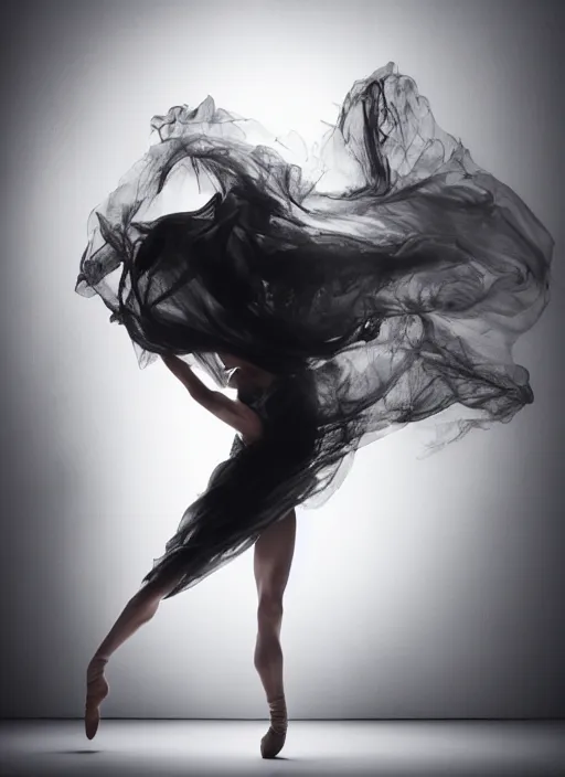 Image similar to a photorealistic dramatic hyperrealistic render of a glamorous beautiful female smoke dancer by ken brower and deborah ory of nyc dance project, lois greenfield, flowing cloth and smoke, beautiful dynamic dramatic dark moody lighting, volumetric, shadows, cinematic atmosphere, octane render, 8 k