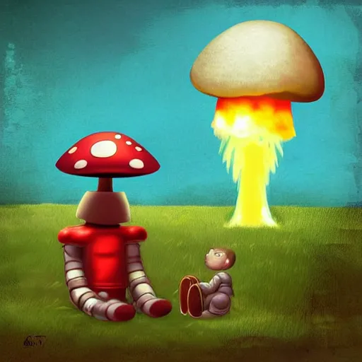 Prompt: a boy and a robot sitting and looking a nuclear explosion smoke mushroom from far away, digital art