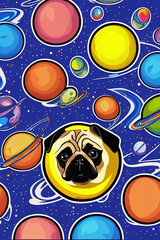 Image similar to Pug as a planet, sticker, colorful, illustration, highly detailed, simple, smooth and clean vector curves, no jagged lines, vector art, smooth