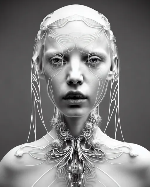 Image similar to dreamy soft luminous bw 3 d octane render, beautiful spiritual angelic biomechanical albino girl cyborg with a porcelain profile face, very long neck, rim light, big leaves and stems, roots, fine foliage lace, alexander mcqueen, art nouveau fashion embroidered collar, steampunk, silver filigree details, hexagonal mesh wire, mandelbrot fractal, elegant