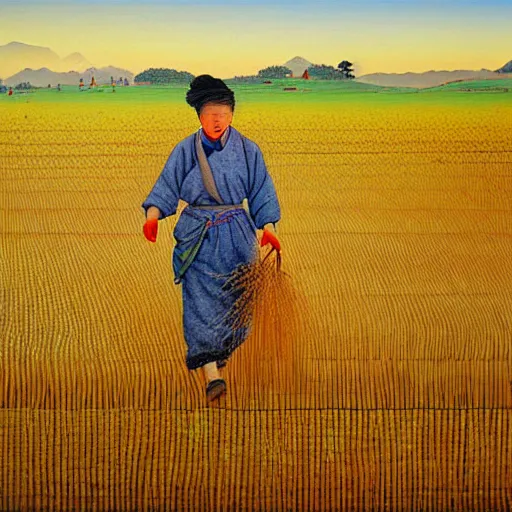 Image similar to cat farmer, walking in the wheat field, nature landscape on the background, fenghua zhong, sharp deep, oil art