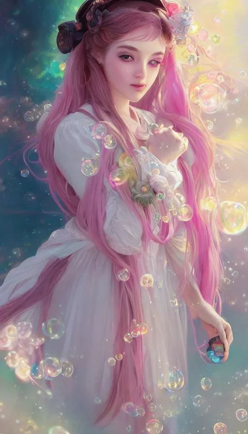 Prompt: portrait of magical lolita girl, dreamy and ethereal, expressive pose, big pink eyes, exciting expression, fantasy, intricate, elegant, many rainbow bubbles, rose tones, highly detailed, digital painting, artstation, concept art, cyberpunk wearing, smooth, sharp focus, illustration, art by artgerm and greg rutkowskiand alphonse mucha