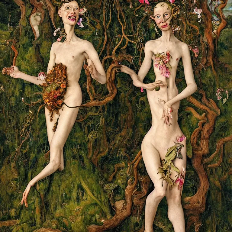 Prompt: a grinning dryad girl, who looks like a cybernetic alien stands pround in the middle of a river valley. around her are tropical birds and orchids and she is wearing an iris van herpen dress. painted by jan van eyck, egon schiele and max ernst, trending on artstation, 8 k, award winning, high octane