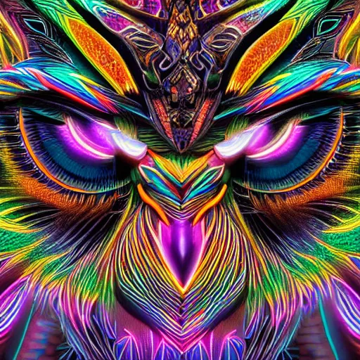 Prompt: Shambhala, neon tribal eurasian owl, pastel neon, photorealistic render 8k intricate, elegant, highly detailed, smooth, sharp focus, detailed face, high contrast, dramatic lighting, graphic novel, art by Ardian Syaf and Michael Choi