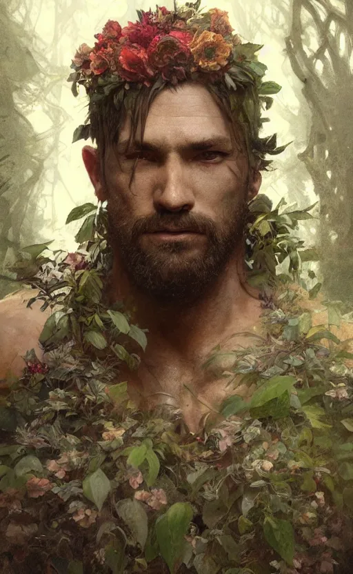 Image similar to god of the forest, 3 0 years old, rugged, handsome, male, detailed face, clean lines, atmospheric lighting, amazing, full body, flowers, muscular, intricate, highly detailed, digital painting, artstation, concept art, sharp focus, illustration, art by greg rutkowski and alphonse mucha