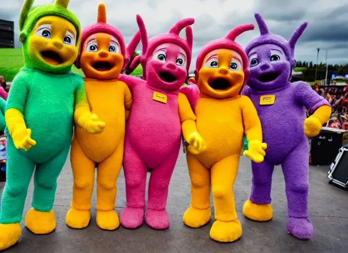 Image similar to photo still the teletubbies on stage at the vans warped tour!!!!!!!! at age 3 6 years old 3 6 years of age!!!!!!!! playing weird instruments, 8 k, 8 5 mm f 1. 8, studio lighting, rim light, right side key light