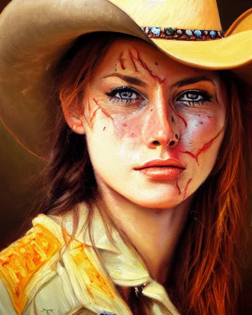 Image similar to oil painting portrait of cowgirl with small burn scar, high production value, intricate details, high resolution, hdr, high definition, masterpiece, realistic, ultrarealistic, highly detailed, hd, sharp focus, non blurry, sharp, smooth