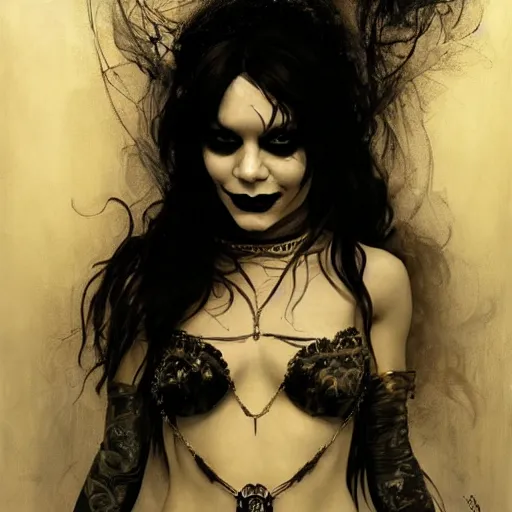 Image similar to beautiful portrait of vanessa hudgens as death from sandman, smiling, by cedric peyravernay, alphonse mucha, by jeremy mann, by lecouffe deharme, goth chic, soft lightning, eyeliner, punk rock, high detailed, 8 k