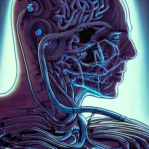 cybernetic brain hooked up with wires to a giant flat | Stable ...