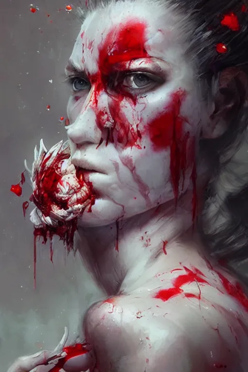 Image similar to abstract face closeup of beautiful girl predator covered with blood, white horns, 3 d render, hyper realistic detailed portrait, holding magic flowers, ruan jia, wlop. scifi, fantasy, hyper detailed, octane render, concept art, by peter mohrbacher, by wlop, by ruan jia