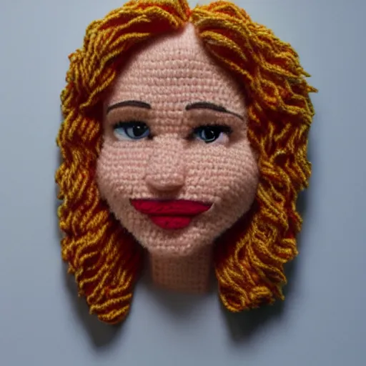 Prompt: jennifer lawrence made of yarn, crocheted caricature of jennifer lawrence, photorealistic, trending on artstation