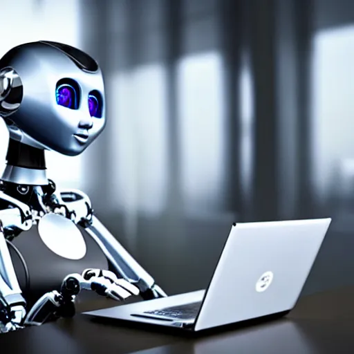 Image similar to beautiful robot works in front of a laptop