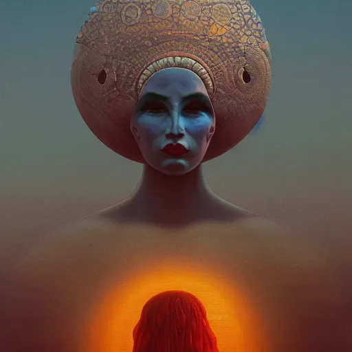 Prompt: psychedelic concept art illustration of a freaky goddess with a dark moon in the far distance, trending on artstation, by zdzisław beksiński, 3d render, octane render, intricately detailed artwork, full 8k high quality resolution, recently just found unknown masterpiece