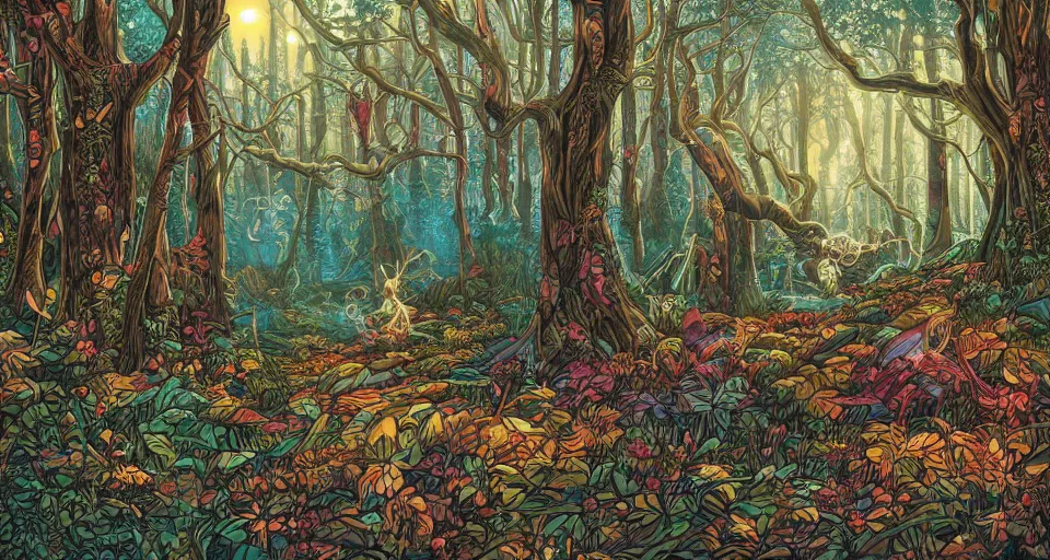 Image similar to Enchanted and magic forest, by dan Mumford