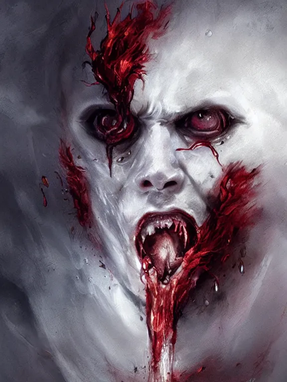 Image similar to painting by greg rutkowski of a flying sorrowful looking human head with tears running down it's eyes, face that is chalk white in color, with long sprawling white tentacles stemming down it's neck, fiery scorching red eyes, flying in a terrying hellish dark cavernous place