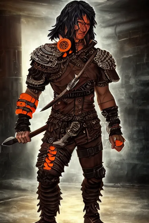 Prompt: Full body Picture of a Male barbarian, steampunk, black leahter gloves, red leather short coat, marked muscles, dark brown skin, detailed face, light grey hair, orange eyes, combat stance, black denim pants, intrincate clothing, hi-tech hatchet, metallic shield, urban fantasy, tech city in the background, D&D, by artgerm and Craig Mullins, Leng Jun, Frank Franzzeta, Mark Simonetti and Peter Morbacher, matte painting, trending on artstation, artstationHD, artstationHQ, octane, full HD, 16K