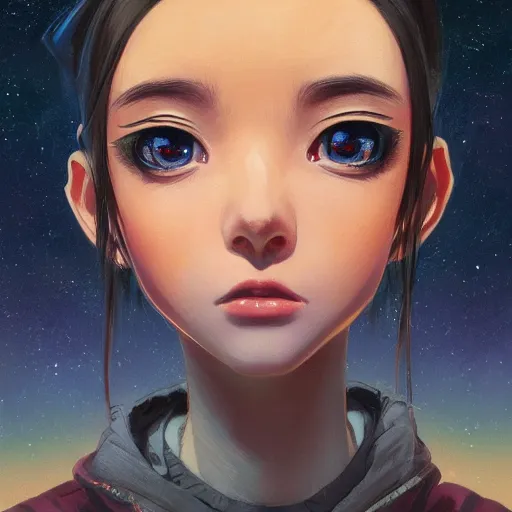 Image similar to A potrait of an alien with big and cute eyes, fine-face, realistic shaded perfect face, fine details. Night setting. Very anime style. Realistic shaded lighting poster by Ilya Kuvshinov katsuhiro, magali villeneuve, artgerm, Jeremy Lipkin and Michael Garmash, Rob Rey and Kentarõ Miura style, trending on art station