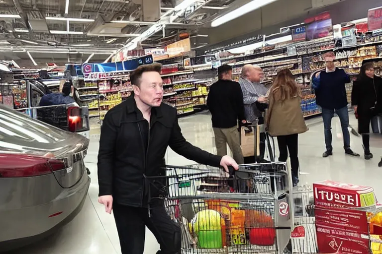 Prompt: elon musk grabbing a 💣 in the super market
