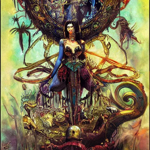 Image similar to cleopatra in alice in wonderland tripping on ayahuasca with scary monsters, intricate detail, painting, royo, frazetta, whealan,