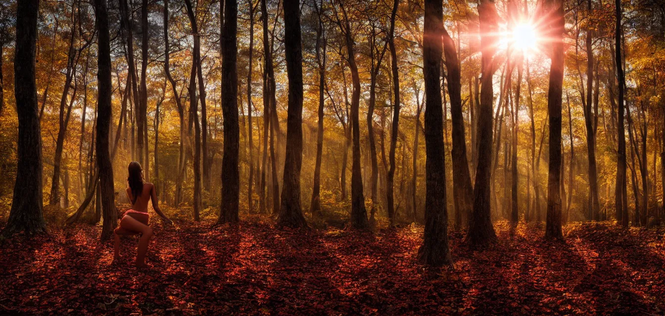 Prompt: bodyscapes. intense promiseful happiness, autumn sunrise warm hdri forest light