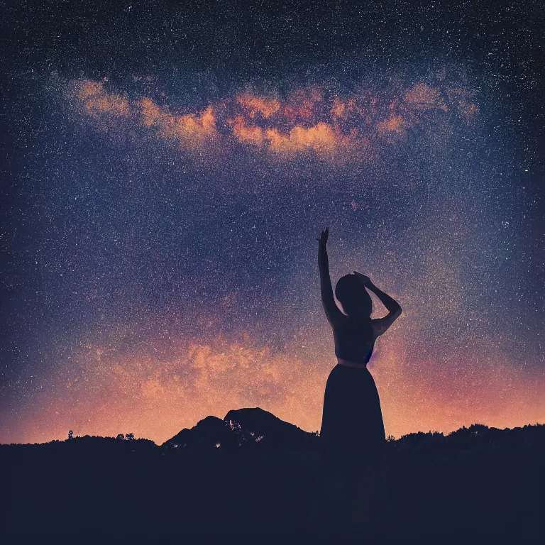 Image similar to album cover, with text'kosmichna vystava ', a beautiful landscape of a starry sky with an beautiful woman waving to the horizon, cinematic, dramatic, photojournalism, highly detailed