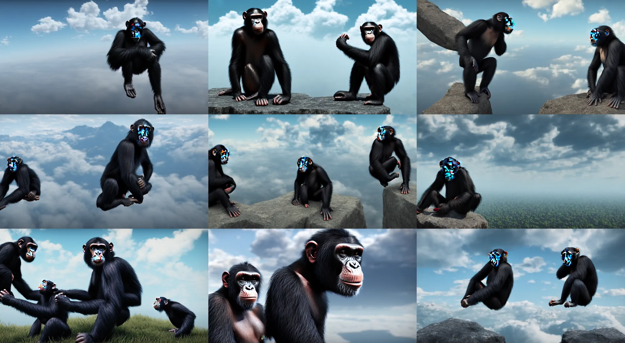 Prompt: unreal engine 5, 8 k, | a beautiful chimpanzee sitting amongst the clouds, high in the sky