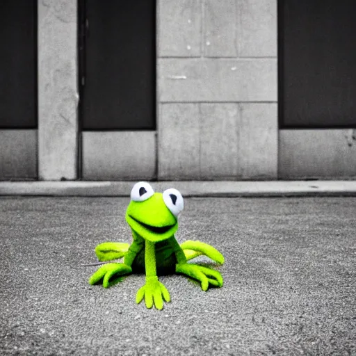 Prompt: street photography picture of a muppet kermit the frog laying in the doorway of an oppressive building. fugifilm 4 k close focus. distopia sad