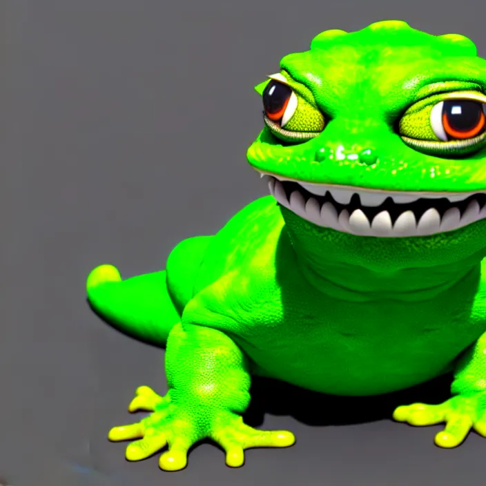 Image similar to a fat anthropomorphic male green gecko fursona with big eyes waddling across vrchat, cute, 3 d, octane render, furry