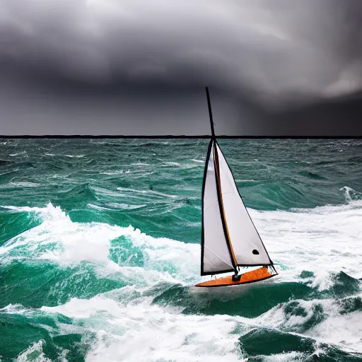 Prompt: A tiny sailboat moving towards a huge scary storm, large waves, lighting strikes, dramatic lighting, postprocessing, professional photography, DSLR, HDR, 4K