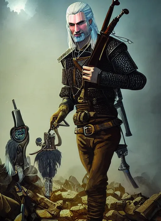 Image similar to portrait of a wizard holding a gun, the witcher has a half shaved head and tattoos, the wizard holding a pistol points downwards, the wizard holding a pistol is only one and stands in a ruined city. by Ciryl Rolando, hyperrealistic illustration, digital art, studio lightning, very detailed faces