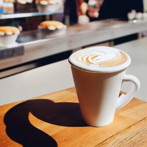 Image similar to a cup of latte in a toilet - shaped mug, fresh bakeries in the background, in a bright cafe, 3 5 mm, f 1. 8