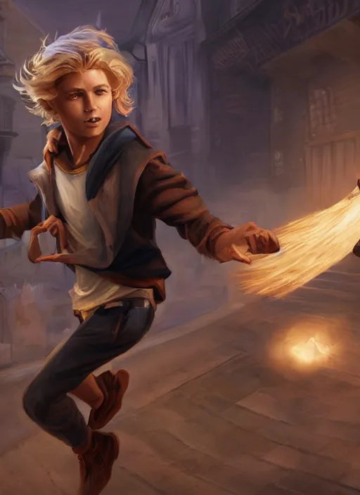 Image similar to An epic fantasy comic book style portrait painting of a young blonde boy thief running from a woman in a brothel, unreal 5, DAZ, hyperrealistic, octane render, cosplay, RPG portrait, dynamic lighting
