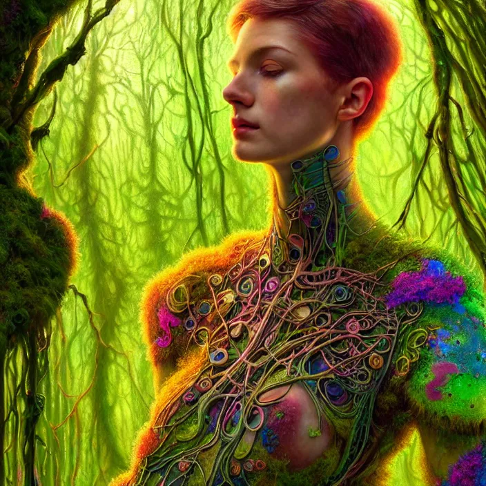 Image similar to bright psychedelic portrait of organic cyborg covered in moss in an ancient forest, diffuse lighting, fantasy, intricate, elegant, highly detailed, lifelike, photorealistic, digital painting, artstation, illustration, concept art, smooth, sharp focus, art by John Collier and Albert Aublet and Krenz Cushart and Artem Demura and Alphonse Mucha