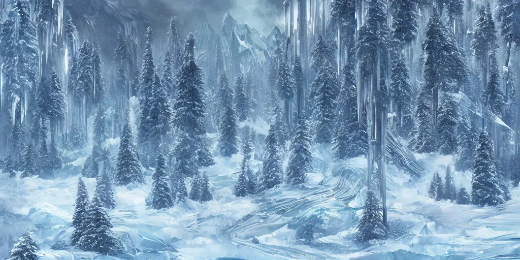 Prompt: landscape portrait f a mile high ice wall, dividing a wintery forest, fantasy, digital art, trending on artstation