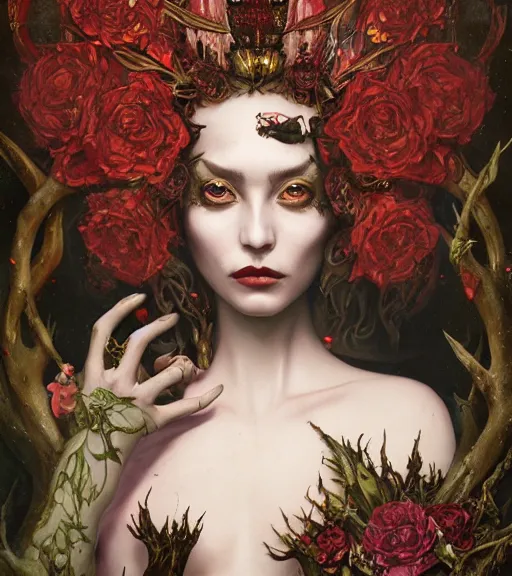 Prompt: portrait of the supreme queen of the blood cult, surrounded by skulls and overgrowth and dark flowers by karol bak, James Jean, tom bagshaw, rococo, trending on artstation, fantasy magic, fashion girl cinematic lighting, hyper realism, octane render, 8k, hyper detailed.