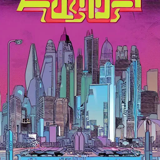 Prompt: A digital art of a city in 2055, detailed award winning comic cover by moebius