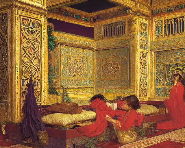 Prompt: a beautiful, detailed oil painting in the orientalist style, of the ornate chambers of an oriental arabian princess, with screens and silks, by frederic leighton